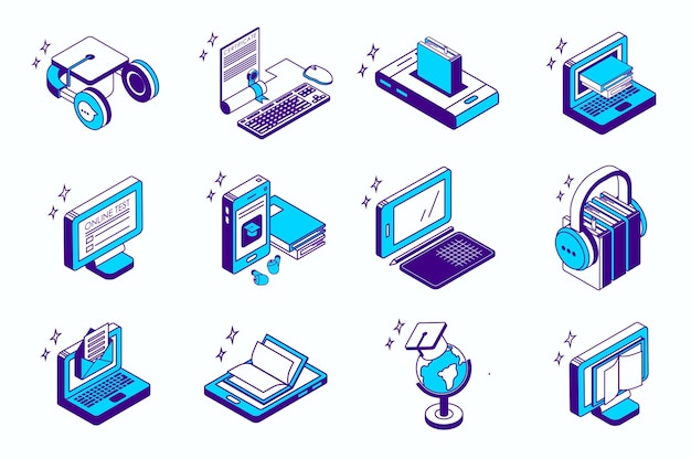 Online-Bildungskonzept 3D-isometrische Ikonen für Webisometrie-Design Sammlung von Elementen des Video-Kurses Zertifikat E-Learning E-Buch Test Hausaufgaben Audio-Lektion mehr Vektor-Illustration