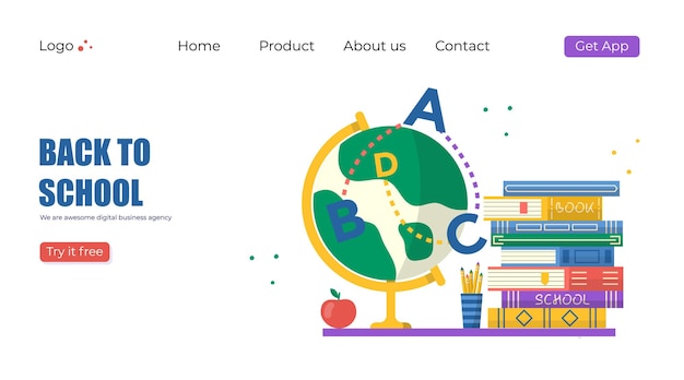 Online-Bildungskonzept. Bücher und Globus für Schulanfang-Promo. Vektorvorlage für Banner, Einladung, Anzeige, Zielseite. Modernes Design.