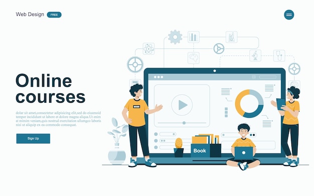 Vektor online-bildungskonzept online-lernen mit plattform und ressourcen vektorillustration