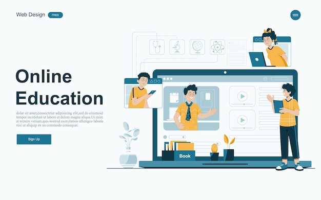 Vektor online-bildungskonzept online-lernen mit plattform und ressourcen vektorillustration