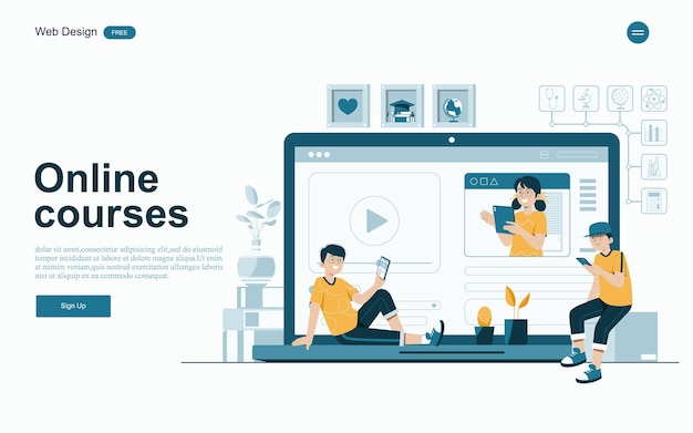 Vektor online-bildungskonzeptonline-lernen mit plattform und ressourcenvektorillustration