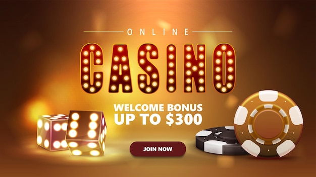 Online-Casino-Banner mit goldenen 3D-Casino-Würfeln und Pokerchips in goldener Szene mit verschwommenem Hintergrund