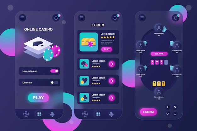 Online Casino Glassmorphic Design Neumorphic Elemente Kit für mobile App UI UX GUI Bildschirme eingestellt