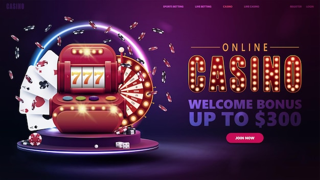 Online-casino-willkommensbonus-banner für website mit button-slot-maschine casino wheel fortune pokerchips und spielkarten auf dem podium mit rundem neonrahmen