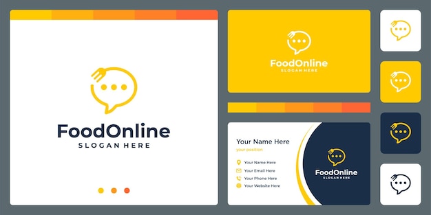 Online-chat-logo mit gabellöffel und visitenkarten-design-vorlage. vektorprämie