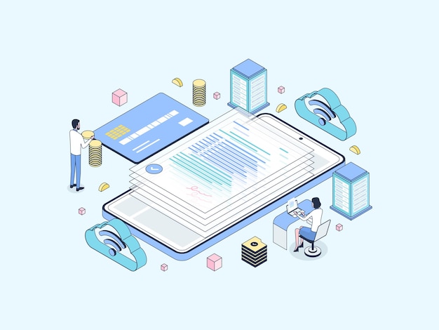 Online-Darlehen isometrische Darstellung lineare Farbe. Geeignet für mobile Apps, Websites, Banner, Diagramme, Infografiken und andere grafische Elemente.