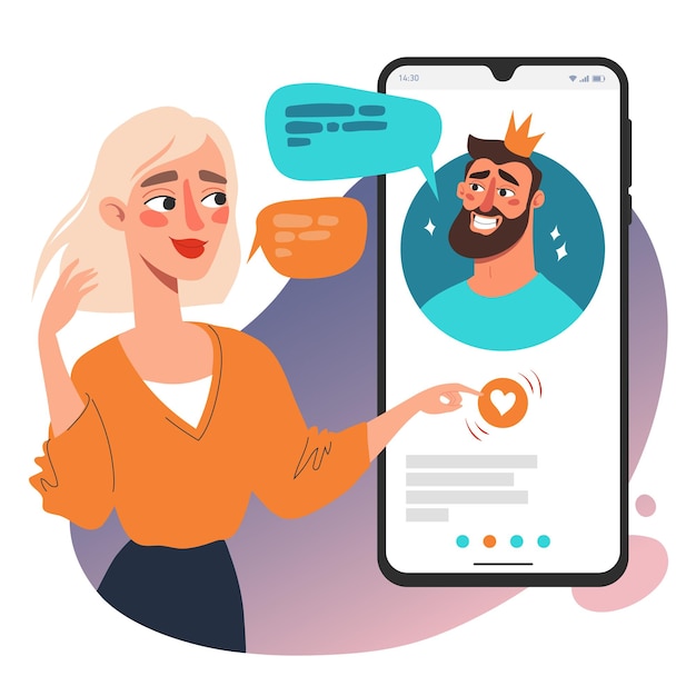 Online-dating-app-konzept kommunikation mit smartphone-vektorillustration