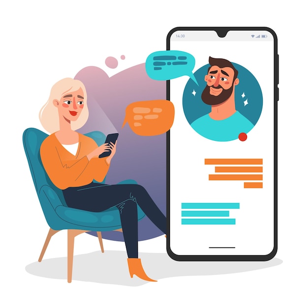 Online-dating-app-konzept kommunikation mit smartphone-vektorillustration