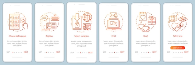 Online-Dating Onboarding Mobile App Seitenbildschirm Vektorvorlage. Wählen Sie, registrieren Sie sich, chatten Sie, treffen Sie sich, verlieben Sie sich in Website-Anweisungen mit linearen Illustrationen. UX, UI, GUI-Smartphone-Schnittstellenkonzept