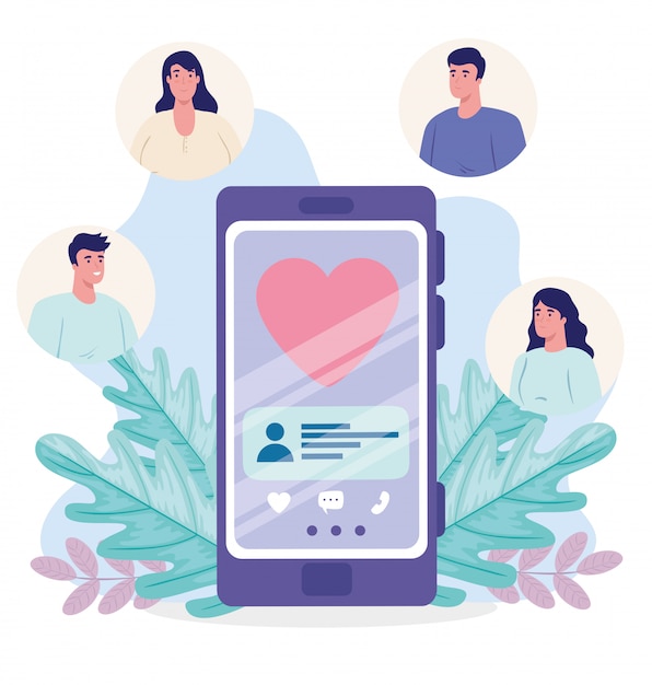 Vektor online-dating-service-anwendung, smartphone mit herz, moderne menschen auf der suche nach paar, social media, kommunikationskonzept für virtuelle beziehungen