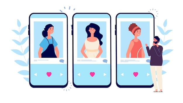 Vektor online-dating. single mann suchen paar auf telefon dating app. mann wählen zwischen mädchen vektor-illustration.