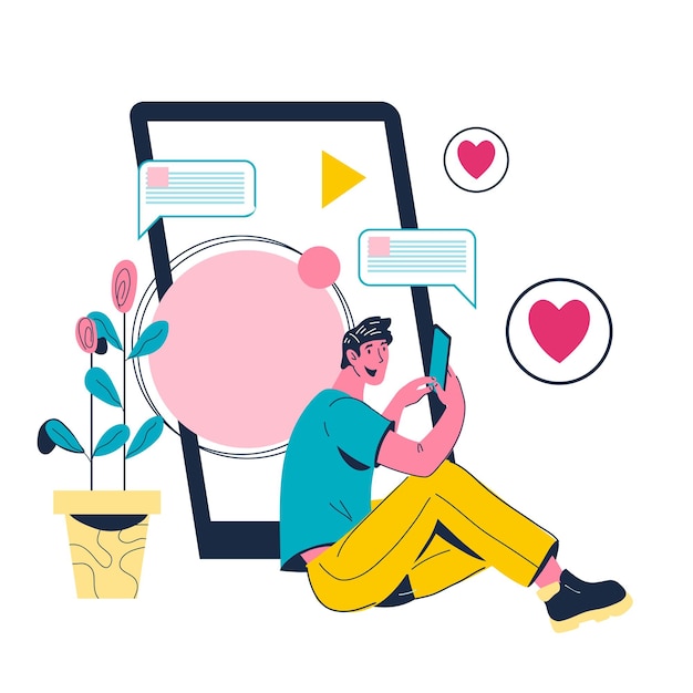 Online-Dating und romantische Kommunikation Mann chattet im virtuellen Chat-Vektor