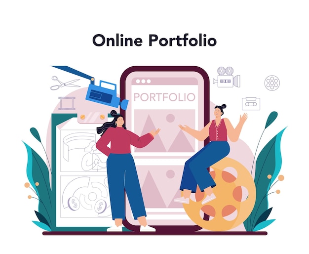 Online-dienst oder plattform für bewegungs- oder videodesigner künstler erstellen computeranimationen für multimedia-projekte online-portfolio vektorillustration