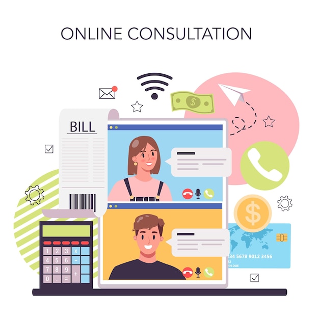 Online-Dienst oder Plattform für Buchhalter Professioneller Buchhalter Steuerberechnung und Finanzanalyse Online-Beratung Vektorillustration