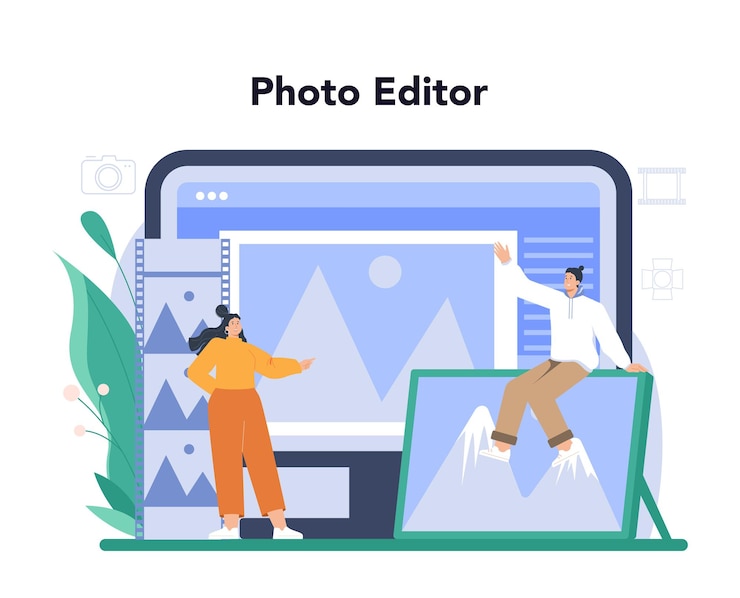Vektor online-dienst oder plattform für fotografen professioneller fotograf mit kamera beim fotografieren in einem studio online-bildbearbeitung flache vektordarstellung