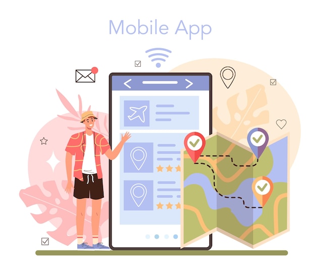 Online-dienst oder plattform für reiseleiter. app. flache vektorillustration