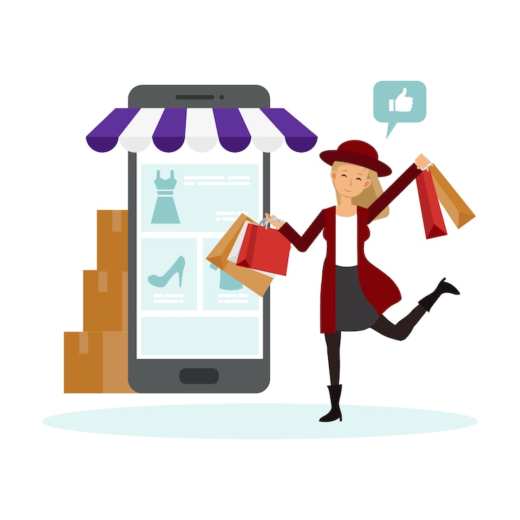 Vektor online einkaufen, frau freut sich, gerne online einkaufen, auf dem bildschirm bestellen, illustration.