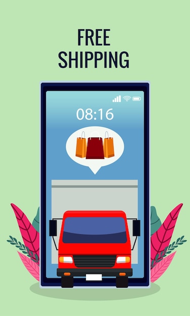 Online-einkaufstechnologie mit lieferwagen in der smartphone-illustration