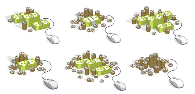 Vektor online-finanzmanagement-konzept 3d-vektorillustrationen einzeln auf weiß gesetzt, geldstapel und münzen bargeld mit computermaus, die mit ihnen verbunden sind, stilvolle designkollektion.