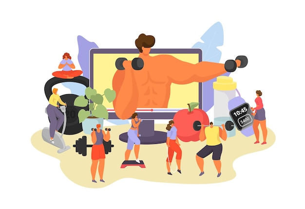Online-fitness-vektor-illustration cartoon aktive frau mann charaktere in sport aktivität moderne app ...