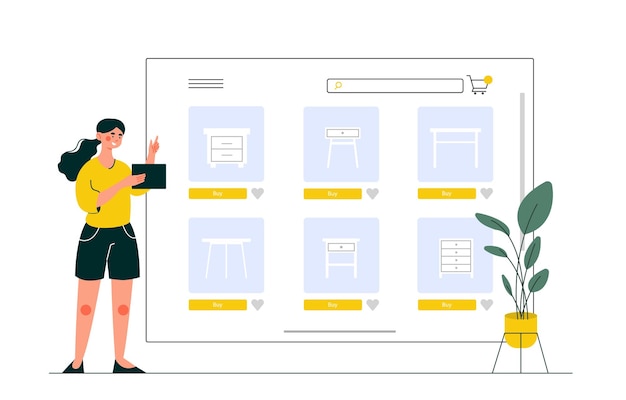 Vektor online-flohmarktkonzept frau mit tablet-kunde kauft waren im internet und
