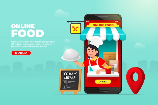 Vektor online-food-order-service-banner-konzept mit kellner tragen food-cloche auf dem bildschirm.