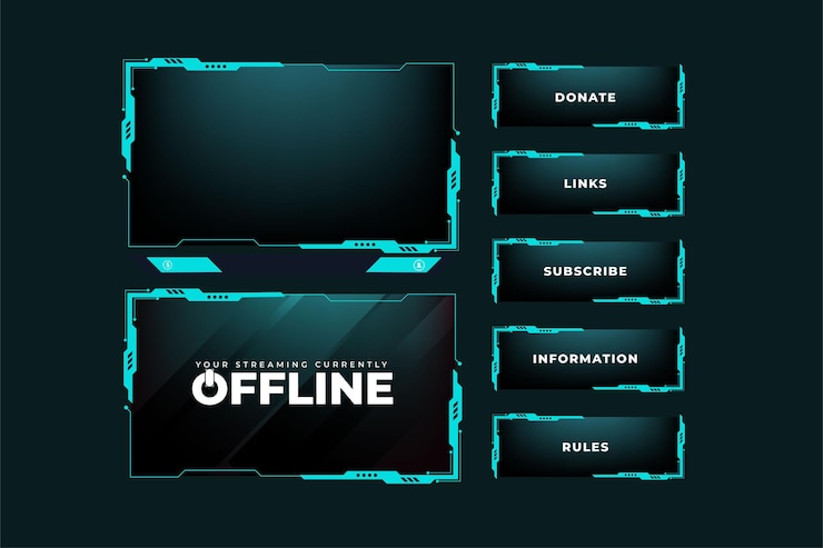 Vektor online-gaming-overlay und dekoration der bildschirmschnittstelle live-übertragungsbildschirm-panel-designvektor mit abstrakten formen online-streaming-overlay-design für gamer mit glänzend blauer farbe