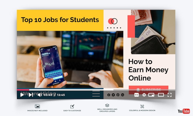 Vektor online-geldverdienst youtube thumbnail template vector premium