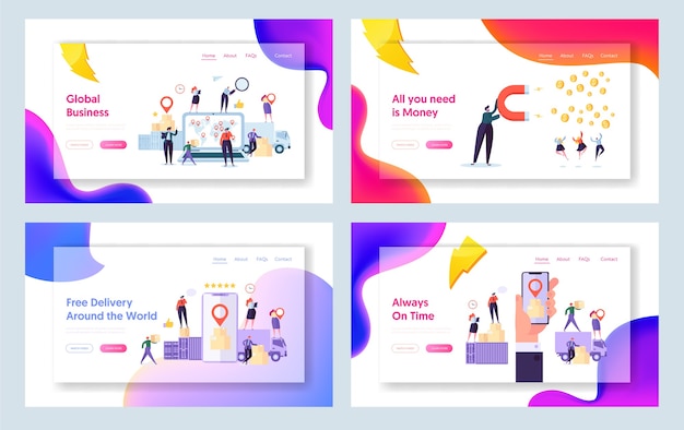 Online global world delivery concept landing page set. people character tracking-paket online in der smartphone-anwendung. weltweite logistik-website oder webseite. flache karikatur-vektor-illustration