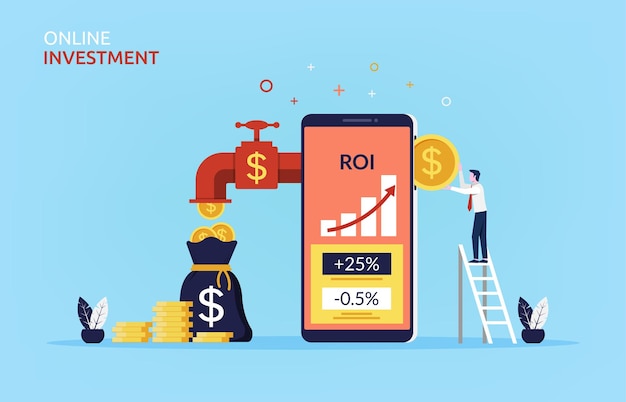 Online-investitionskonzept mit geschäftsmann, der münze in mobiltelefon einführt, um mehr geldsymbol zu verdienen.