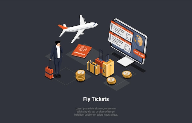 Online-kauf von flugtickets mit app reisen mit dem flugzeug konzept geschäftsmann wartet auf abflug im flughafen charakter bekommen bordkarte und check-in gepäck isometrische 3d-vektor-illustration