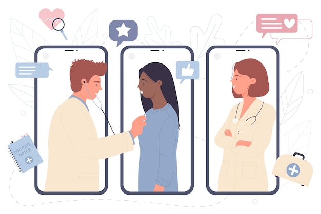 Online-Konsultation des Patienten durch einen Arzt mit Stethoskop-Menschen auf Telefonbildschirmen
