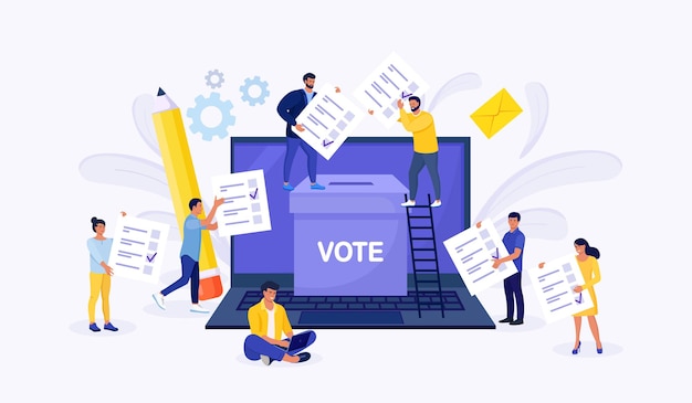 Online-Konzept abstimmen. Leute, die Stimmzettel in die Wahlurne auf einem Laptop-Bildschirm legen. Online-Umfrage, politische Wahl oder Umfrage, Internet-Wahlsystem