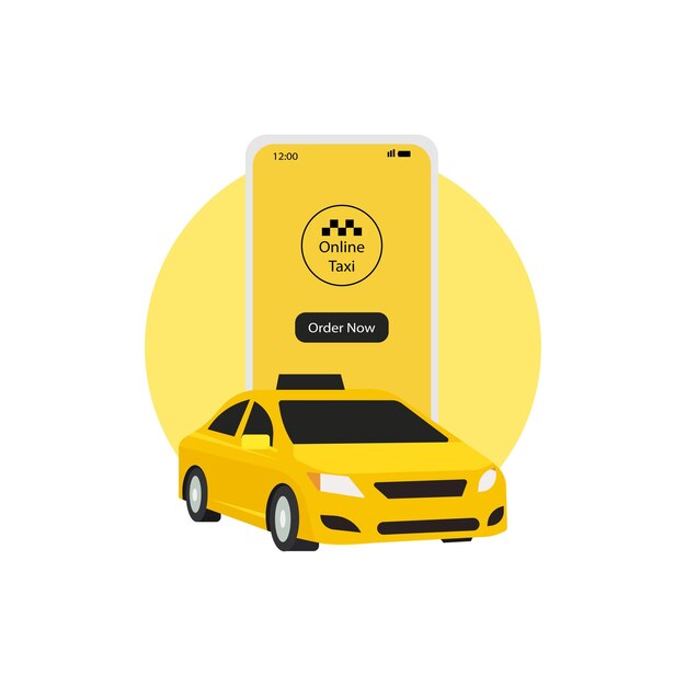 Online-konzept der bestellung von mobilen taxi-diensten isometrisches taxi gelbes taxi und vektorillustration für smartphones und touchscreens