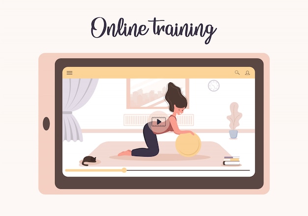 Online-Konzept für Yoga und Sport zu Hause. Übungen mit einer mobilen App machen. Bleiben Sie während der Coronavirus-Epidemie und Quarantäne gesund und fit. Illustration einer Frau, die Yoga über das Internet unterrichtet.