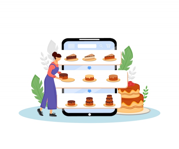 Vektor online kuchen bestellkonzept illustration. weibliche köchin, konditor-karikaturfigur für web. süße bäckerei bestellung und lieferung internet-service kreative idee