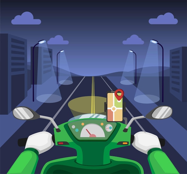 Online-kuriertransport. nachtfahrmotorrad-armaturenbrett mit gps-karte auf smartphone-konzept in der karikaturillustration