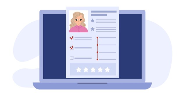 Online-Lebenslauf digitale Jobsuche oder Rekrutierungsagentur Mädchen wählt Arbeit professioneller Lebenslauf für HR-Manager Bewerbung auf Laptop-Bildschirm Vektorelement