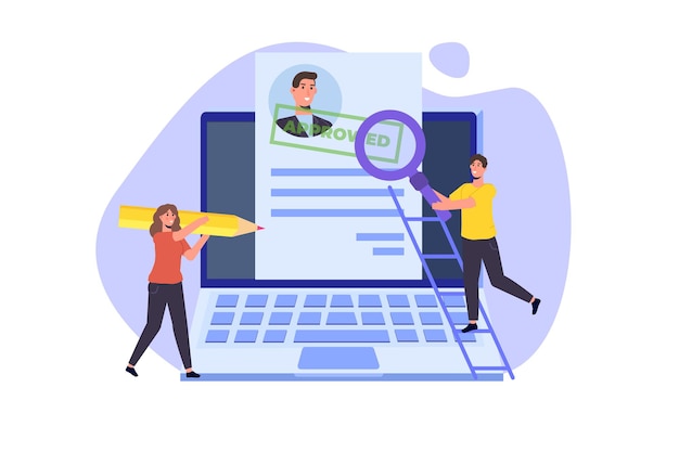 Online-Lebenslauf, Einstellung, Auswahl des Lebenslauf-Prozesskonzepts. Personalmanager eines Unternehmens, die einen Mitarbeiter online einstellen. Vektor-Illustration