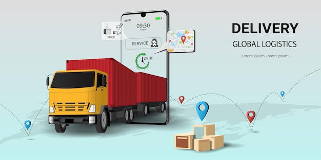 Online-Lieferservice auf dem Handy Globaler logistischer Transport Online-Bestellung Stadtlogistik LKW-Lager und Paketbox Konzept für Website oder Banner 3D-Perspektive Vektordarstellung