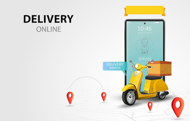 Online-Lieferservice mit dem Roller. Shopping-Website auf einem Handy. Food Order Konzept. Web-Banner, App-Vorlage. Illustration