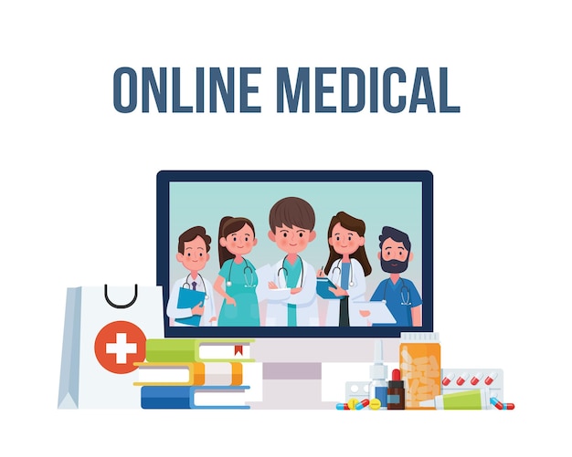 Online-medizin mit einem team von ärzten und krankenschwestern.