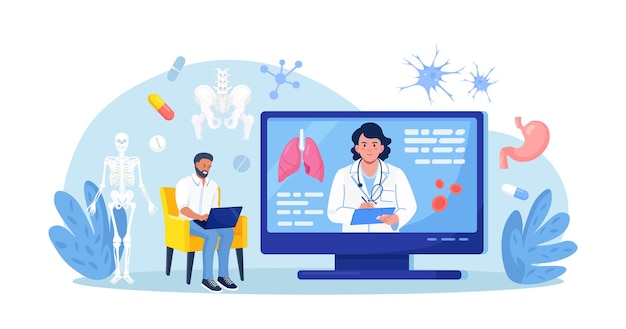 Online-Medizin-Webinar-Medizinkurs Medizinische Konferenzausbildung Mentor hält wissenschaftliche Forschungsvorträge über das Internet vom Computerbildschirm aus Arzt unterrichtet Studenten in der virtuellen Klasse