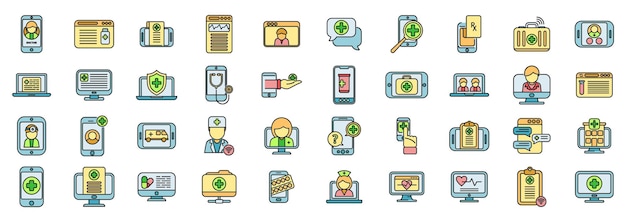 Online-medizinische Konsultation Icons setzen Vektorfarbenlinie