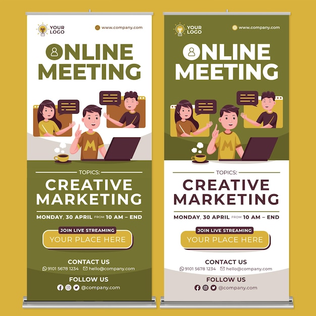 Online-meeting-roll-up-banner-druckvorlage im flachen design-stil