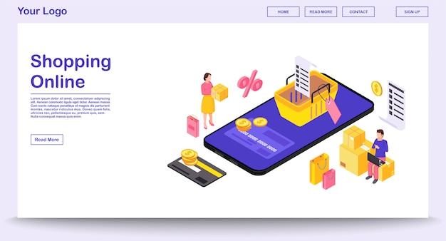 Online Mobile Shopping App Webseitenvorlage mit isometrischer Illustration