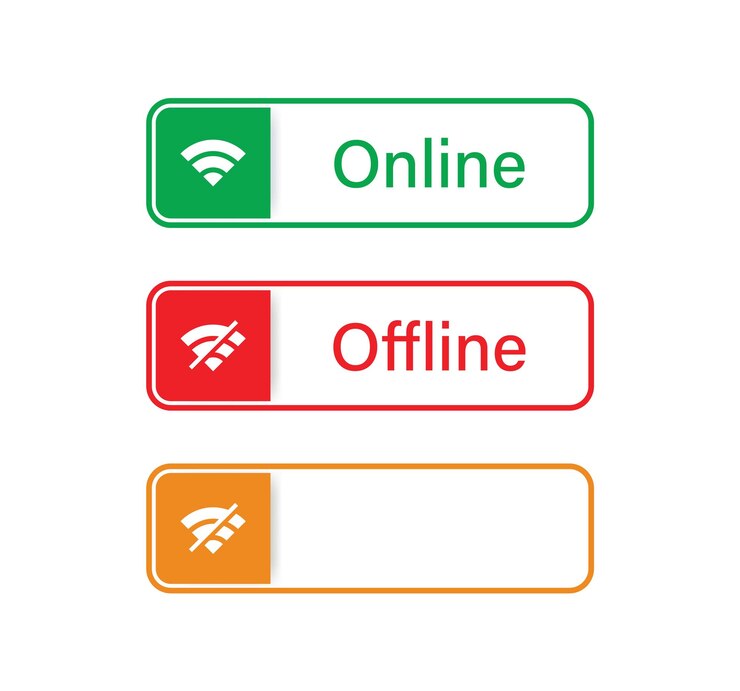 Vektor online-offline-label-banner-web-schaltflächen-schaltsymbol mit statusschaltflächen für das symbol für die internet-wlan-verbindung