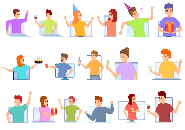 Online-party-icons gesetzt. cartoon-set von online-party-icons