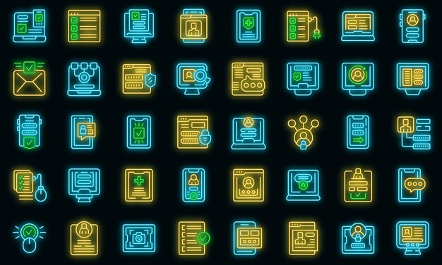Online-Registrierungssymbole setzen Umrissvektor Gerät wendet Vektorneon an