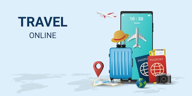 Online-Reisen auf dem Smartphone Buchen Sie ein Ticket Reiseplanung Reisen Sie in die Welt Reiseausrüstung und Gepäck Draufsicht auf Reise- und Tourismuskonzept Vorlage Vektor Illustration